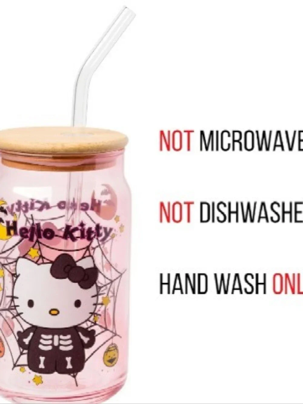 Hello Kitty Pink Halloween Glass Tumbler with Straw and Bamboo Lid